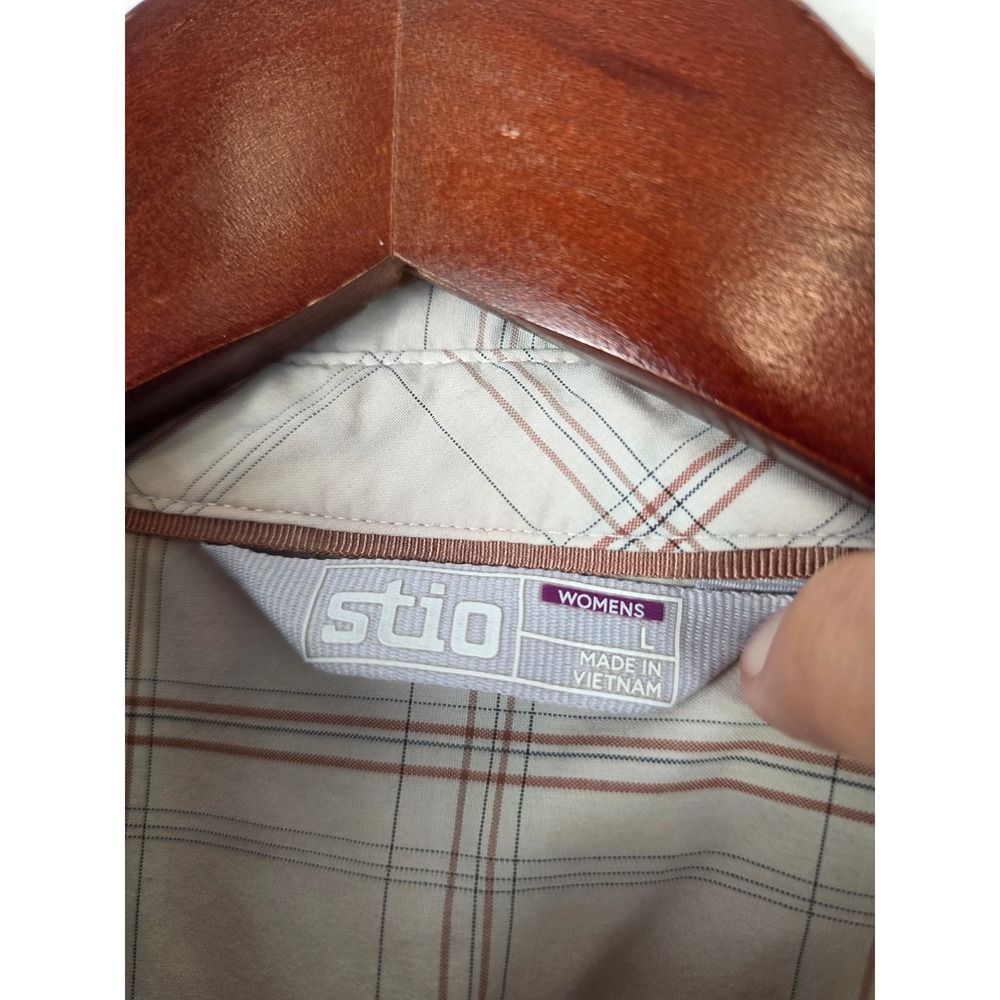 Stio Womens Large Tan Plaid Western Snap Long Sleeve Technical Hiking Shirt - Picture 6 of 6